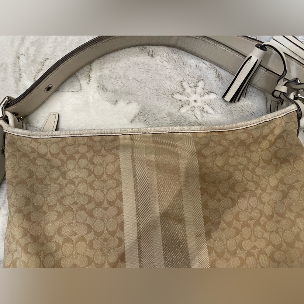 Coach Y2k Vintage Legacy Khaki Ivory Signature Glitter Stripe Convertible Duffle - Picture 9 of 10